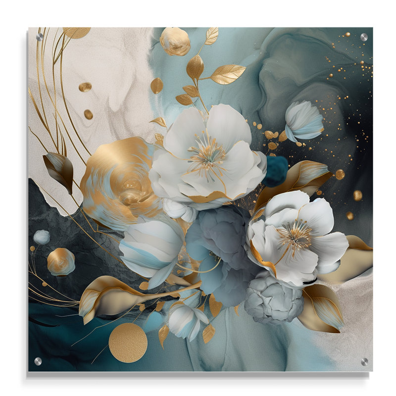 Blue Marble Gold Floral Impressions II - Art mural acrylique floral, H 30 po x l 30 po