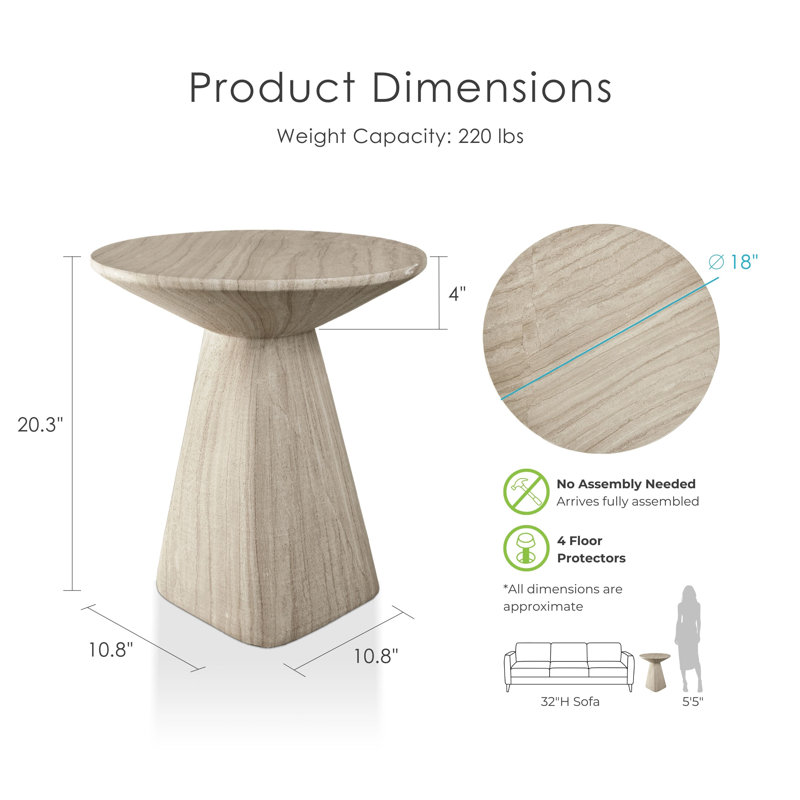 Fulcher Stone-Like 18"W Pedestal End Table, Beige Travertine