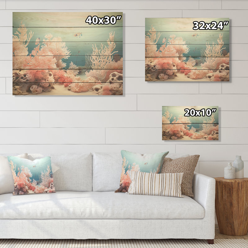 Coral Reef rose et bleu tranquillité - corail sous l'eau sous l'eau, art mural sur bois de pin naturel, H 10 po x l 20 po