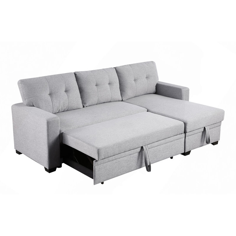 Upholstered Pull Out Sectional Sofa With Chaise, Light Gray Linen