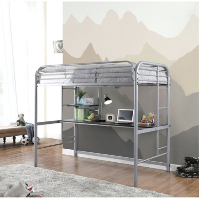 Échelle attachée de style contemporain avec lit mezzanine simple de style contemporain entièrement en métal avec tablettes sous le lit et garde-corps