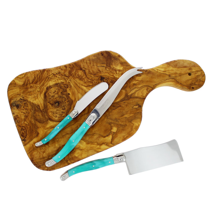 Ensemble de plateau à fromage en bois d'olivier 13 pouces et 3 pièces Laguiole avec poignées en faux turquoise French Home