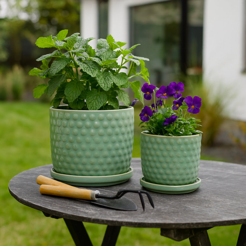 Embossed Ceramic Planters with Saucer For Indoor & Outdoor Use - Textured Flower Pots Home Accent for Living Room & Patio Décor - Green