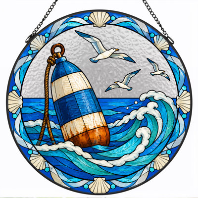 Blue And White Buoy With Flying Seagulls In Stained Glass Canvas Wall Art
