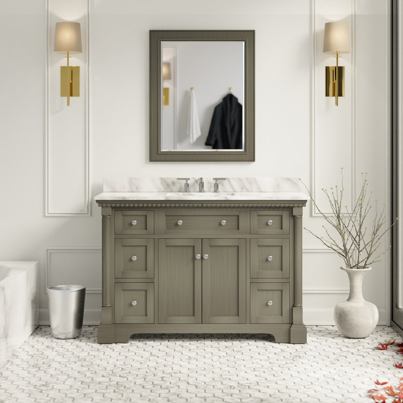 Fossen 48'' Single Bathroom Vanity with Top, Weathered Grey, Carrara Marble
