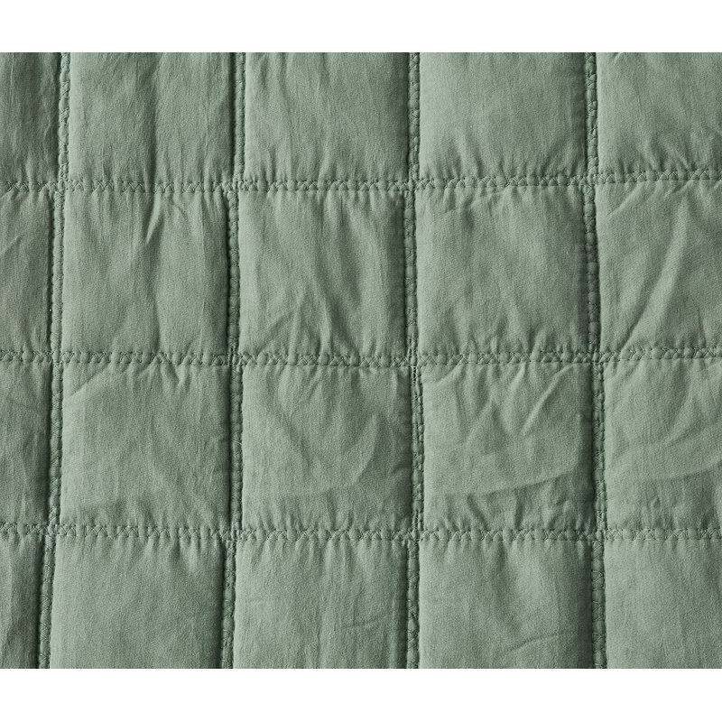 Square Stitch Embroidered Microfiber Quilt Set, Queen Quilt + 2 Standard Shams, Sage