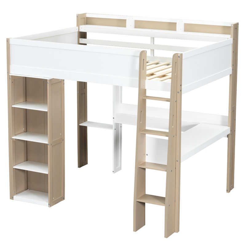 Full Size Loft Bed In White + Natural, Featuring Storage Shelves And An Integrated Desk, Practical With Built - Wardrobe A Study For Teens