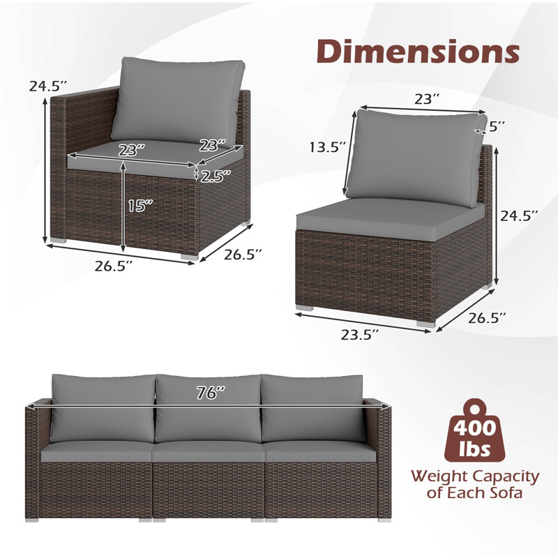 Ensemble de canapé modulaire d'extérieur 3 pièces avec coussins, gris, Brun, Gris