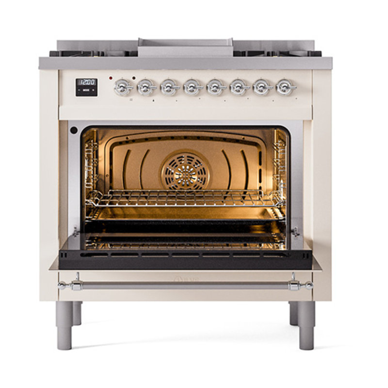 ILVE Nostalgie II Noblesse 36 in Dual Fuel Range, Antique White/Chrome, Natural Gas