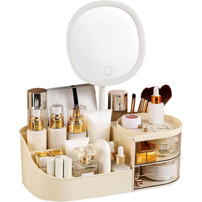 Organisateur de maquillage avec miroir rechargeable, porte-pinceau à maquillage avec 2 tiroirs, comptoir de rangement pour les soins de la peau et les cosmétiques, présentoir à cosmétiques de grande capacité pour meuble-lavabo, chambre à coucher, s