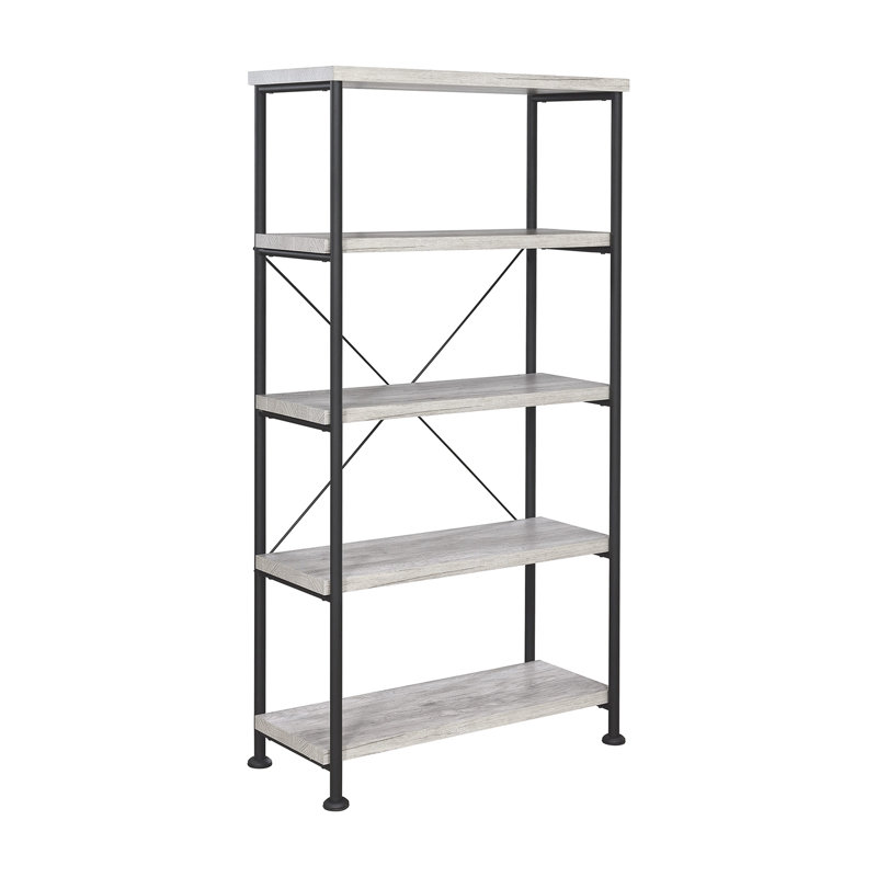 Bibliothèque à 4 tablettes avec cadre en métal noir et tablettes en bois flotté gris