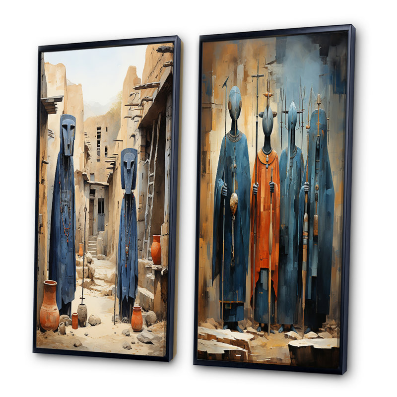 "Tribus d'Afrique Dogon au Mali", 2 pièces sur toile, Cadre noir, H 20 po x l 24 po