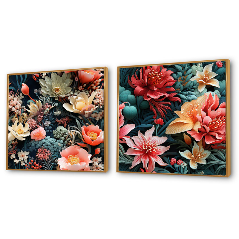 Northledge - Ensemble de 2 collages carrés floraux, Cadre flottant doré, H 36 po x l 73 po