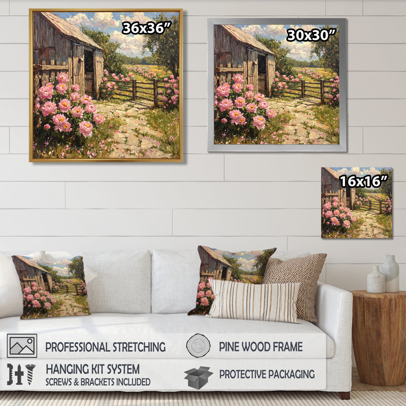Demaio, pivoines par l'étable II - art mural pivoines, Impression encadrée flottante, H 36 po x l 36 po, Argent argent