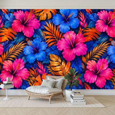 Papier peint adhésif autocollant amovible à motif floral tropical hibiscus rose à motif de fleurs tropicales autocollantes amovibles pour salle de séjour H 100 po x l 144 po