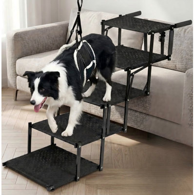 Escalier pliable en cinq étapes pour les grands chiens, conçu pour l'accès aux véhicules, supportant jusqu'à 200 lb, surface de tapis antidérapante, comprenant un harnais de levage XL, adapté aux camions et aux VUS