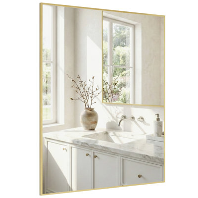 Aluminum Rectangle Bathroom Mirror, 40" x 30" Wall Mirror with Metal Frame Gold