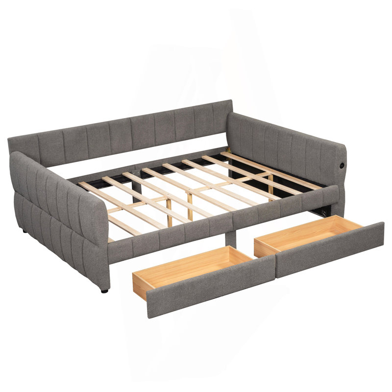 Grand lit plateforme tapissier avec port USB et 2 tiroirs, gris, Gris