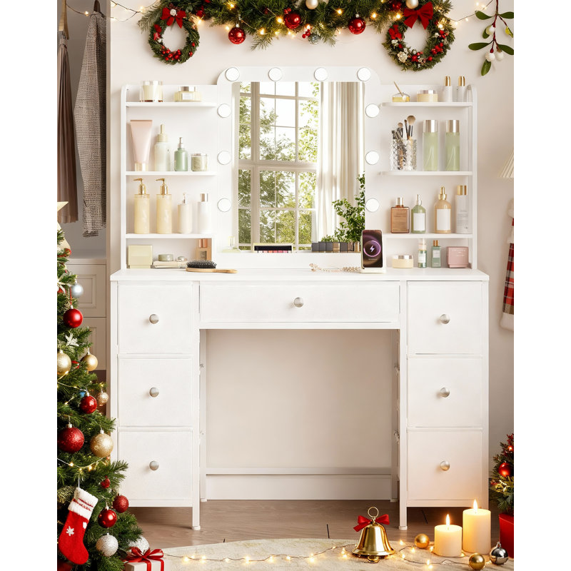Dressing Table with Mirror, Vanity Desk with 3-Color LED Lights Adjustable Brightness, 7 Fabric Drawers, 6-Layer Shelves, Modern Makeup Vanity Table for Bedroom, White 