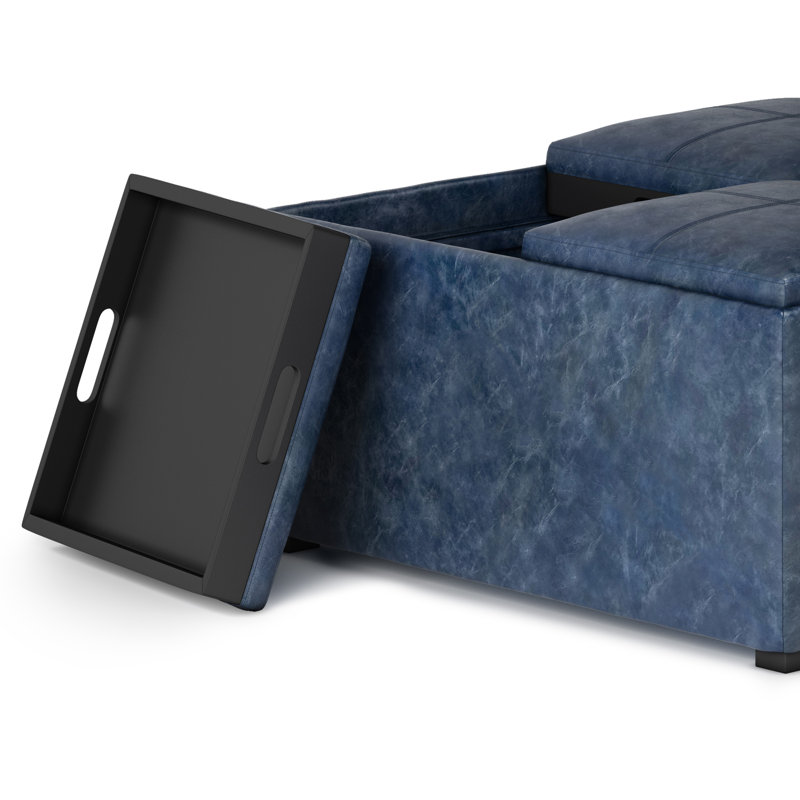 Avalon Denim Blue Square Storage Ottoman with Flip Trays