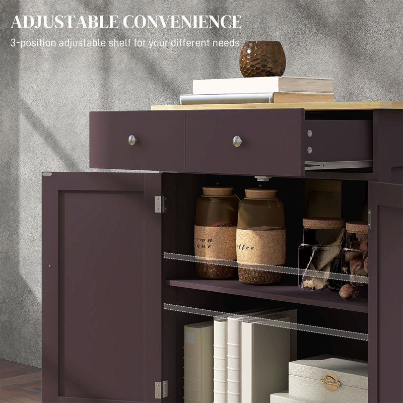 Armoire de rangement de cuisine moderne avec comptoir en bois massif, 2 tiroirs, portes et tablette réglable pour une utilisation polyvalente