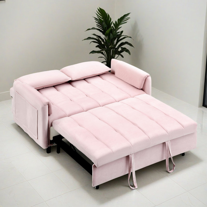 Canapé-lit de 52 po à dossier arrondi avec accoudoirs et coussins, Rose