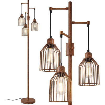 Dimmable Industrial Farmhouse Floor Lamp With Hanging Cage Design, Includes 3 LED Edison Bulbs, Adjustable Brightness For Living Room, Bedroom, Or Office Decor