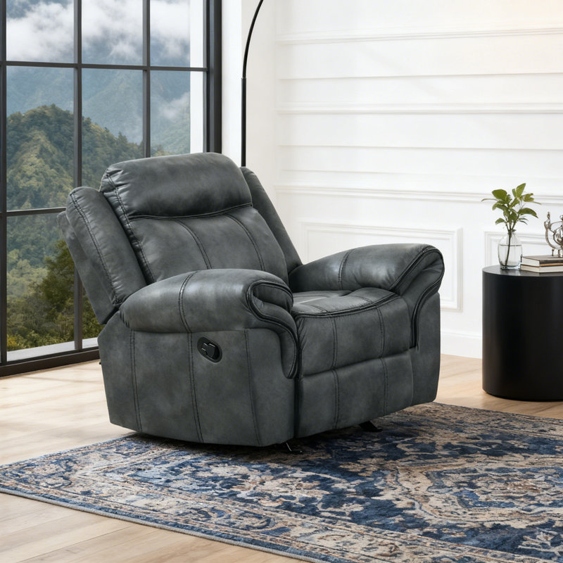 Modern 41.5" Wide Leatherette Manual Glider Recliner Chair with Comfortable Foam & Pocket Coil Seating, Dark Gray