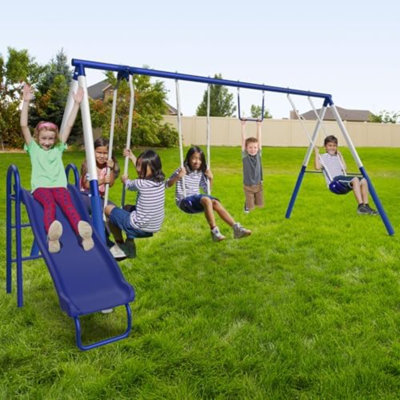 Ensemble de balançoire en métal pour enfants de 3 à 8 ans Arcadia - Trapèze, planeur pour 2 personnes, glissade de 5 pi, ensemble d'ancrage, structure en acier durable de 6,1 pi - Ensemble de jeu pour l'extérieur avec une capacité de 600 lb