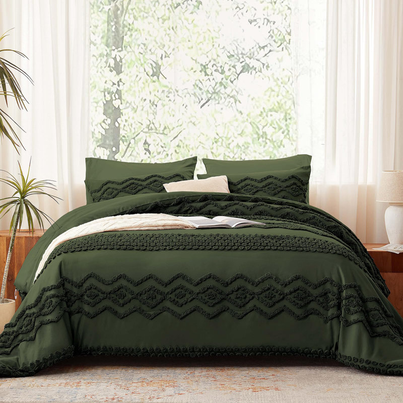 Ensemble d'édredon touffeté 3 pièces Boho Farmhouse, Édredon pour très grand lit + 2 taies décorativ, Vert olive