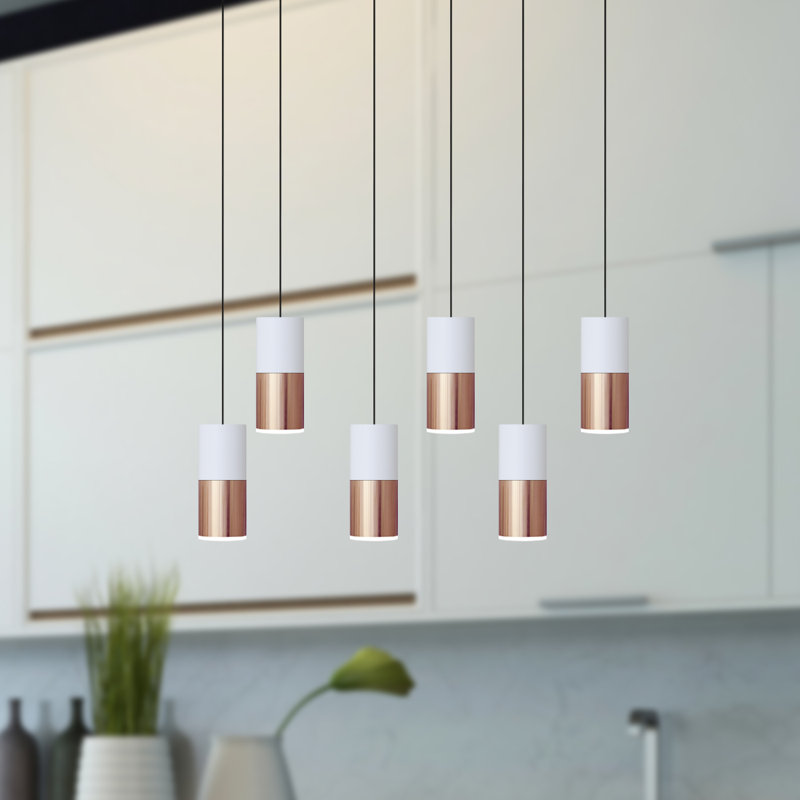 Luminaire suspendu cylindrique à DEL 6 lumières Grecia, Blanc / cuivré