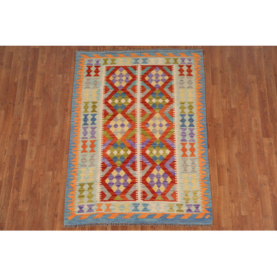 Tapis géométrique en laine réversible Kilim 4 x 6