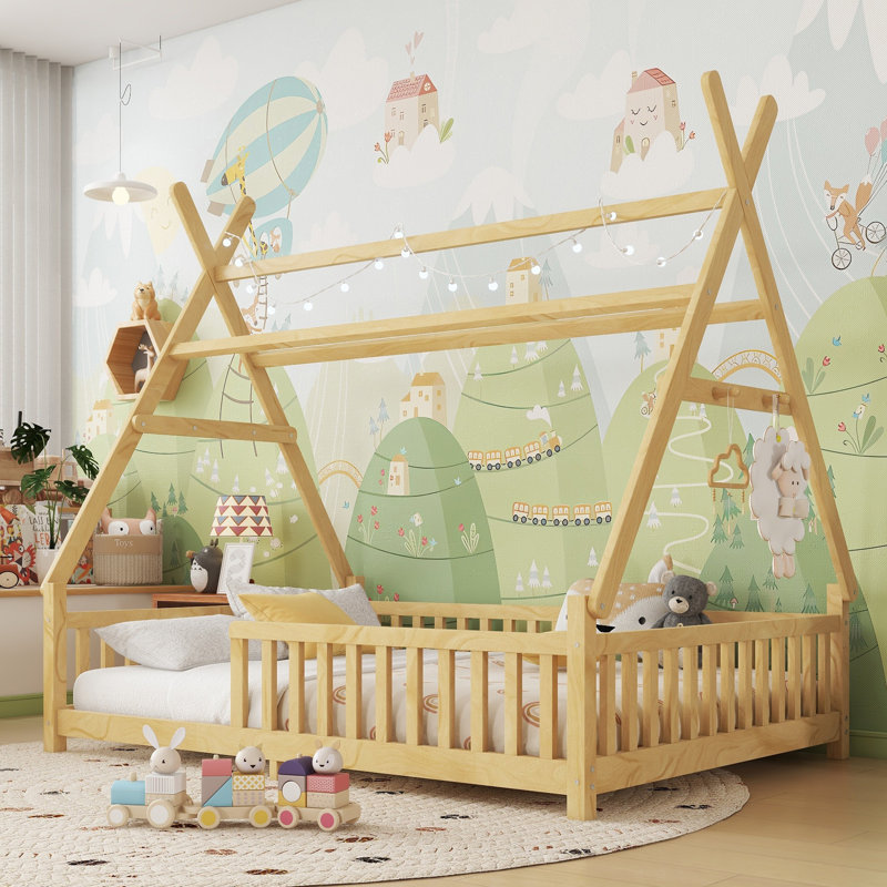 Lit double avec lumière, lit surélevé avec clôture et toit pour enfants, garçons, naturel, Lit double, Naturel
