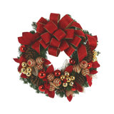 Holiday Wreath with Red and Gold Leaves, Ornaments, Pinecones and Velvet Bows