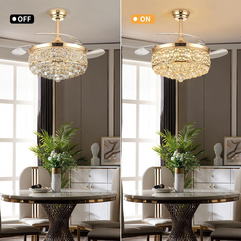 42" Retractable Crystal Fandelier Ceiling Fan With Light, Dimmable LED, 6 Speed, Reversible Airflow, Remote & App Control For Bedroom Living Room