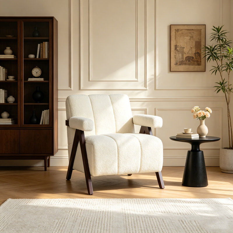 Chaise d'appoint rembourrée avec pieds en bois massif de style Mid-Century , Blanc
