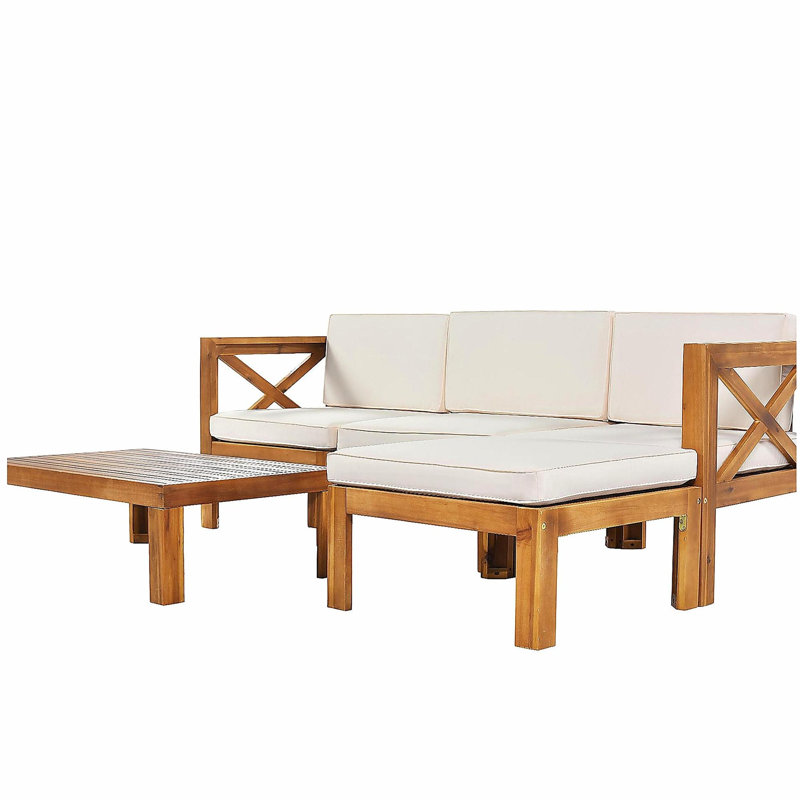 Ensemble de conversation modulaire d'extérieur en bois pour patio 5 pièces avec coussins, finition naturelle et coussins beiges Topmax