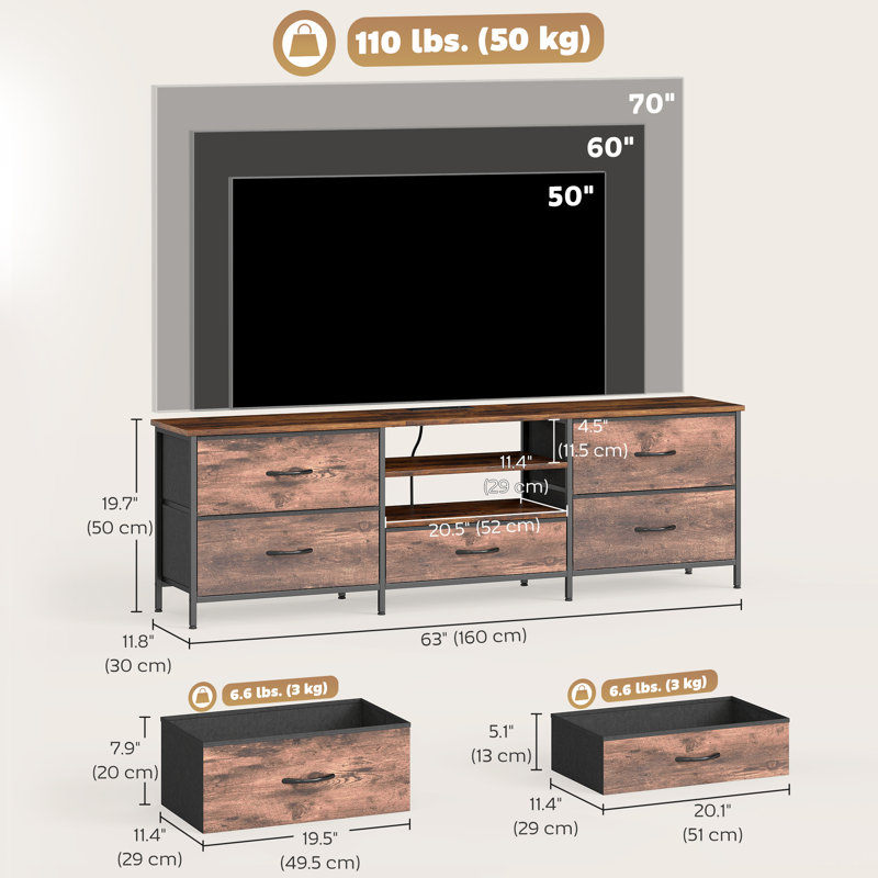 Meuble télé pour téléviseur de 70 po ou moins, meuble audio-vidéo industriel, H 19,7 po x l 63 po x P 11,8 po