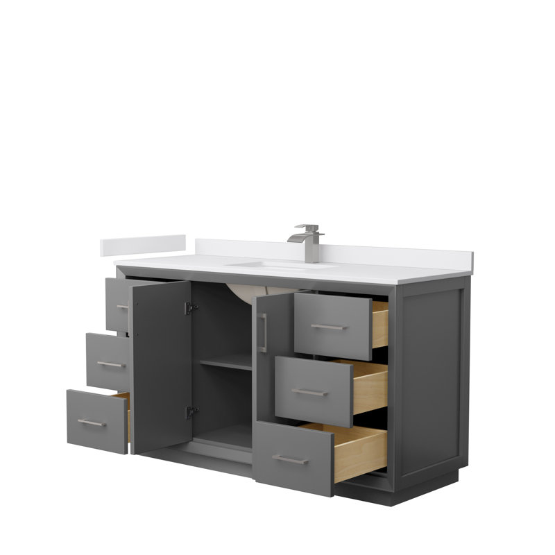 Ensemble de meuble-lavabo simple 60 po Strada, Gris foncé, Nickel brossé, Marbre de culture blanc