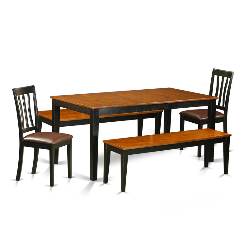 5 Piece Dining Room Set Includes a Rectangle Kitchen Table with Butterfly Leaf and 2 Faux Leather Dining Chairs with 2 Benches, Black & Cherry