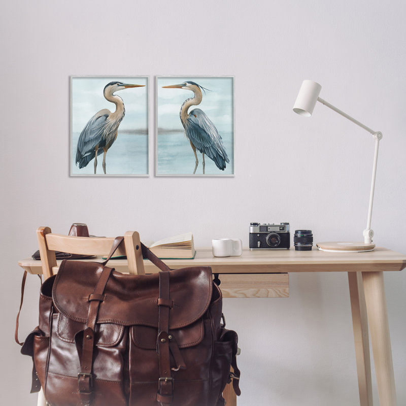 Detailed Heron Bird Duo 2 Piece Gray Framed Giclee Art Set by Grace Popp, 14" H x 11" W, Farmhouse Gray Framed Giclee