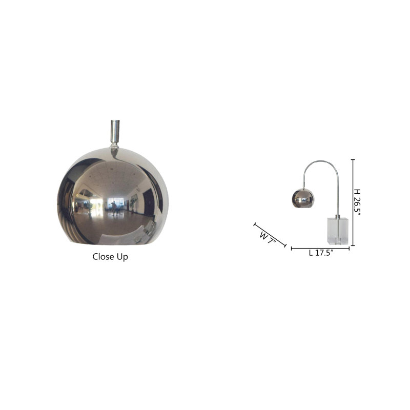 Gideon 1-Light Chrome Arched Table Lamp With Crystal Base, Polished Nickel