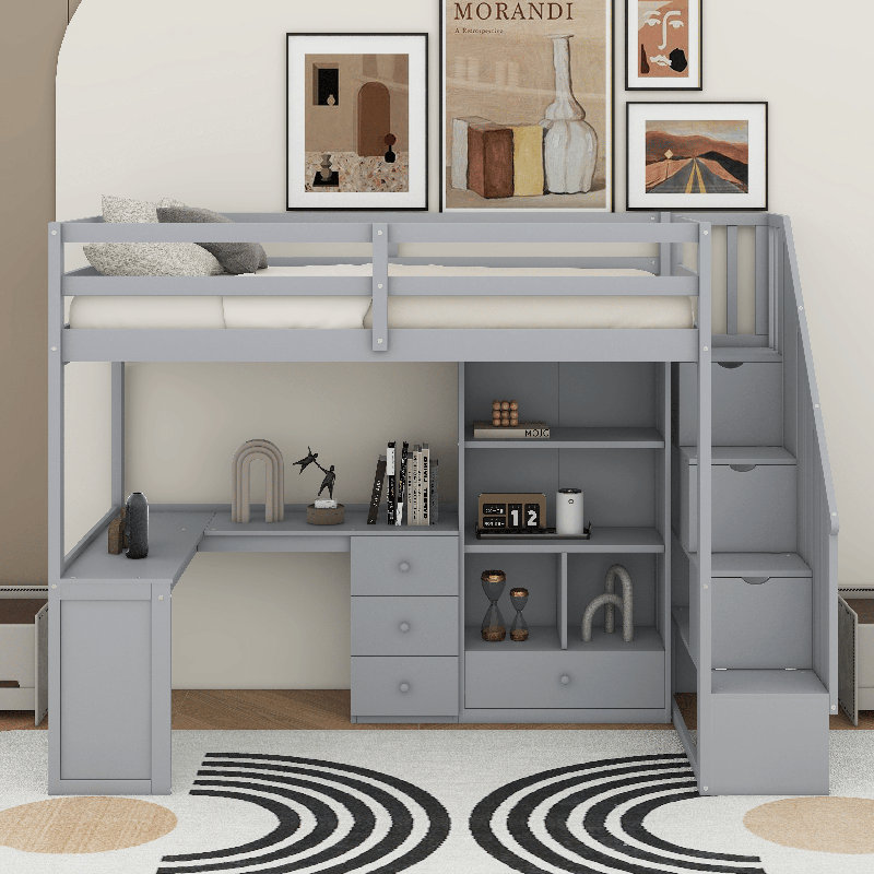 Lit mezzanine simple avec bureau et tiroirs, Grey