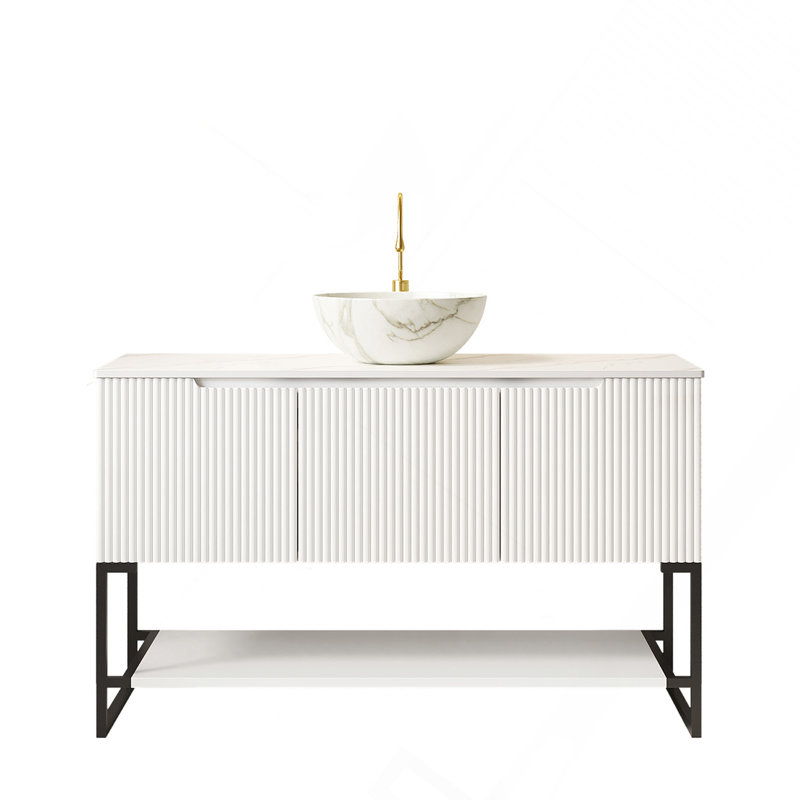 48" Bathroom Vanity&Sinkwith 3 Doors and Open Shelf, Matte White Bowl Ceramic Basin with Stone Pattern&White Sintered Stone Top, White