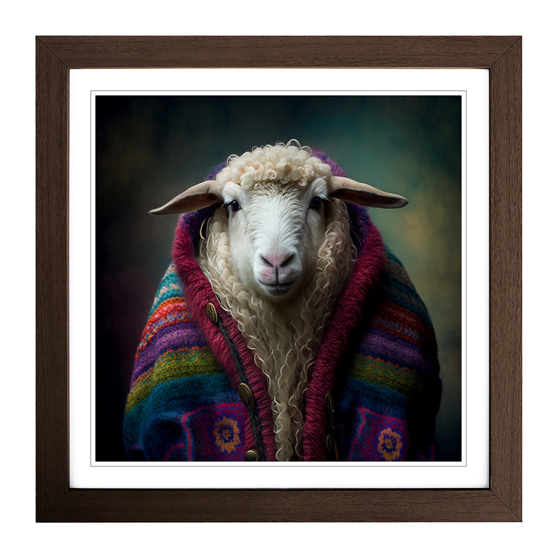 Sheep Boho - Single Picture Frame Print on Wood, Walnut
