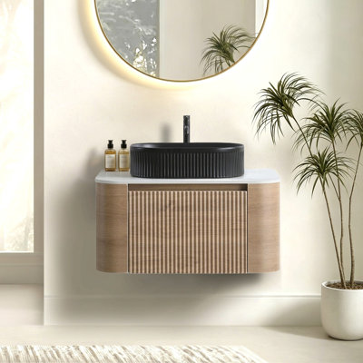 Meuble-lavabo de 30 po avec lavabo, armoire murale en chêne miel avec porte-serviettes gratuit, lavabo simple en céramique rayé ovale noir, sans drain et robinet, pré-assemblé