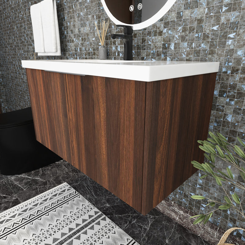Meuble-lavabo mural simple 36 po avec plateau en résine Maceira, Noyer de Californie