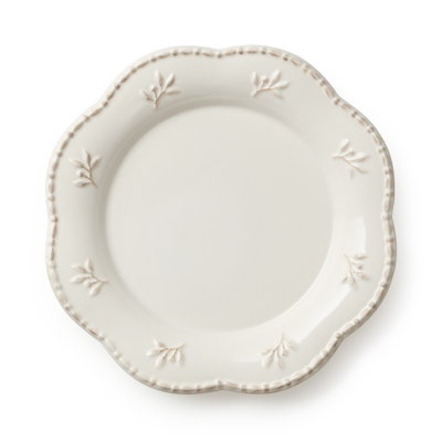 Heritage Beads 9-Inch Stoneware Salad Plates – Set of 4 Elegant Scalloped Edge Plates with Embossed Beading – Classic Off-White Farmhouse Style for Salads, Appetizers & Desserts