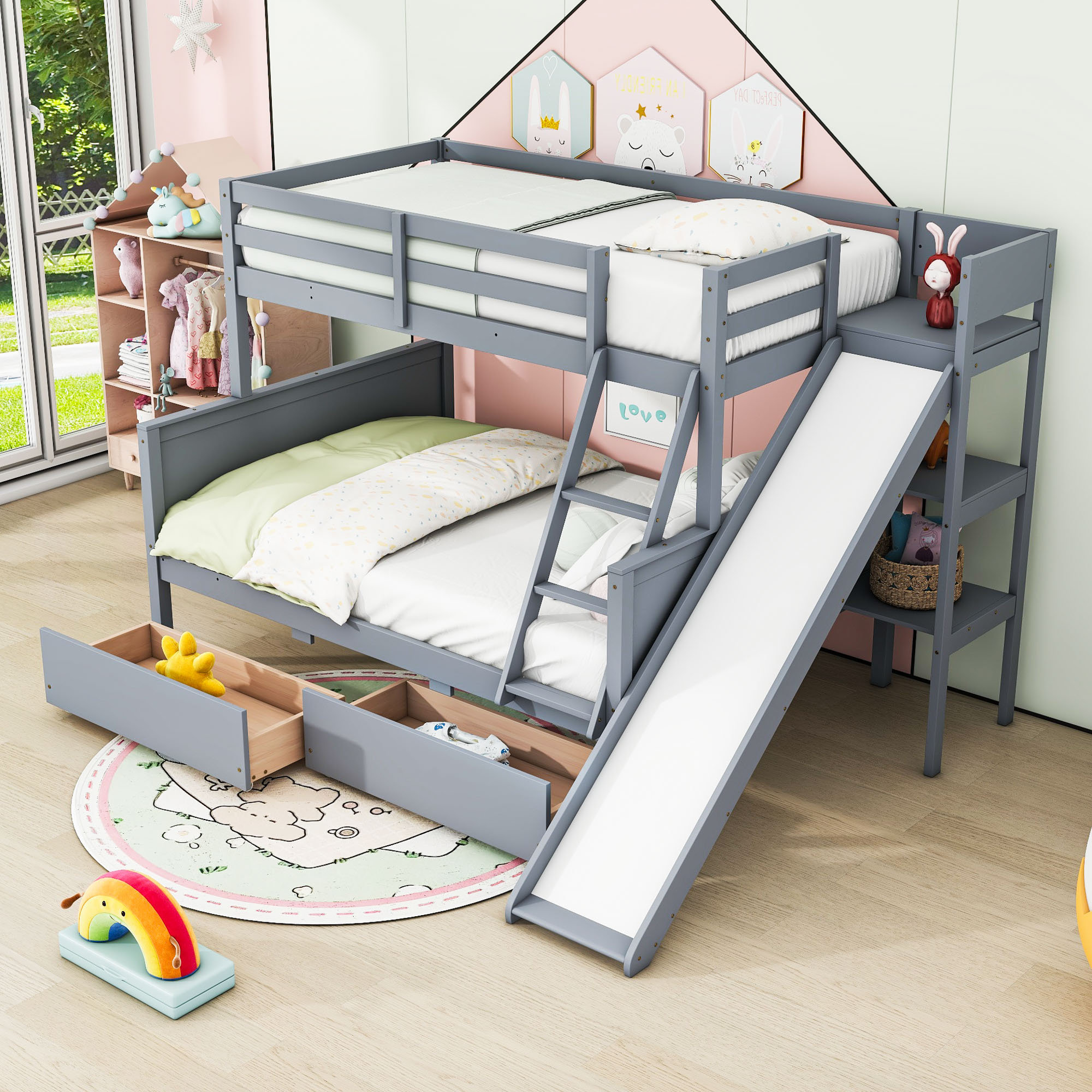 Harriet Bee Twin Over Full Two Drawers Bunk Bed With Shelves And Slide ...