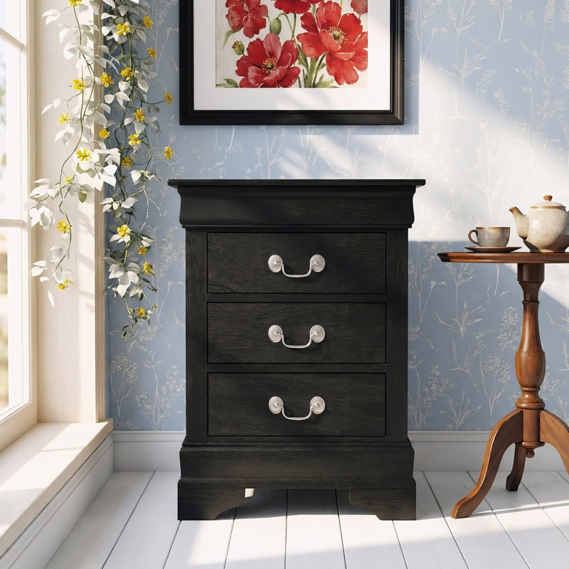 Sayre Black 3 Drawers Nightstand, Black